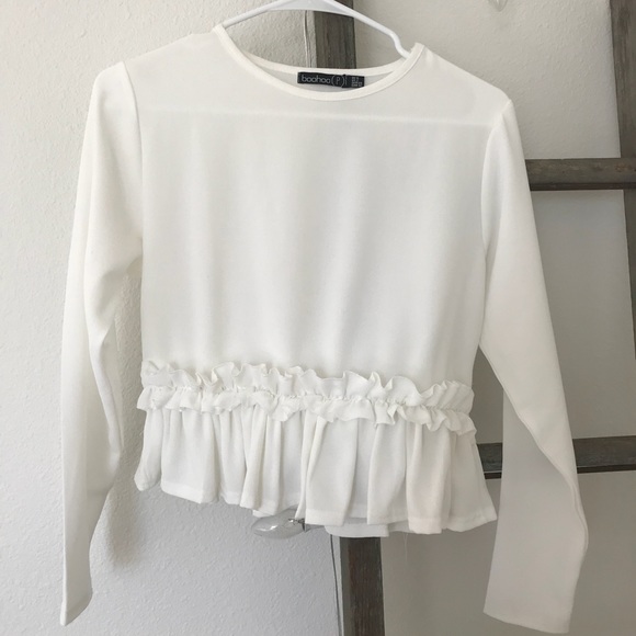 boohoo white peplum ruffle long sleeve top - Picture 1 of 3